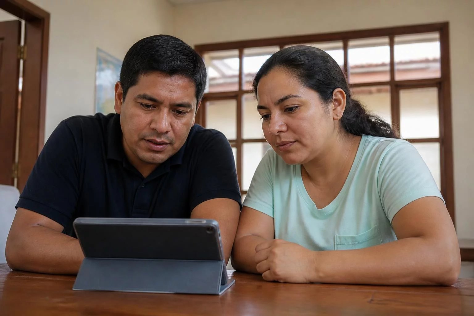 Dos personas revisando notas en una tablet sobre la mesa