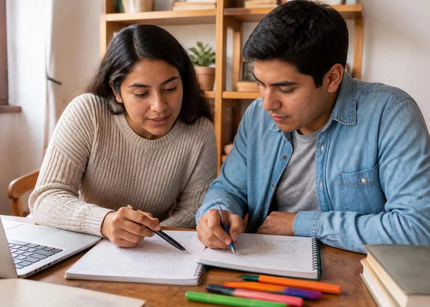 Dos participantes trabajando juntos con cuaderno y plumones