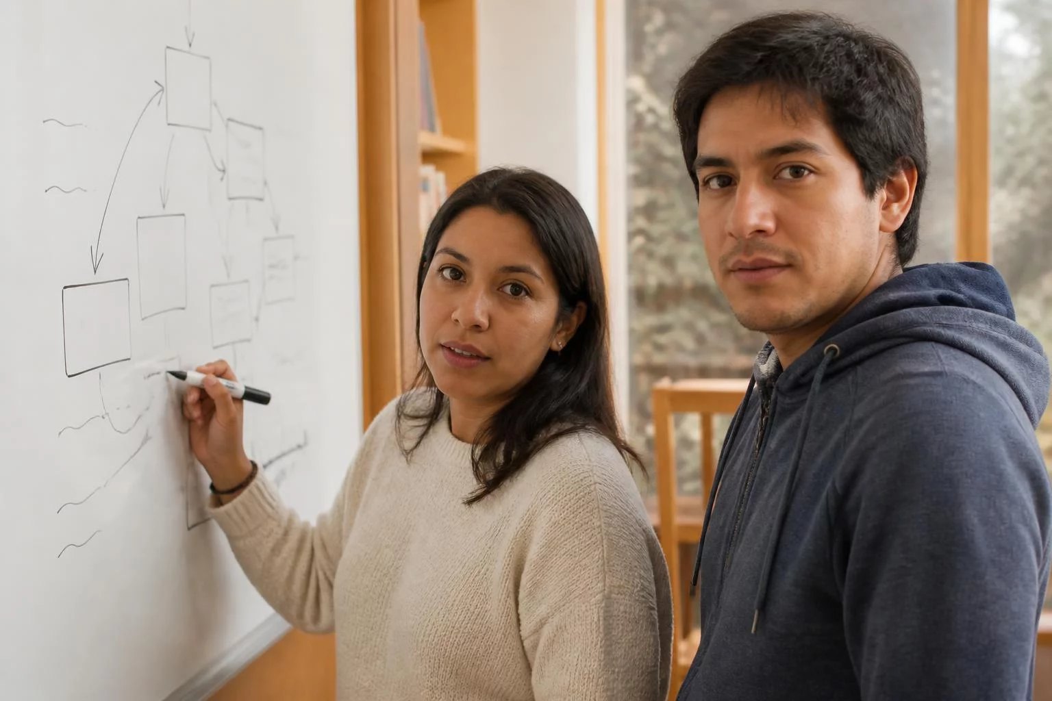 Dos participantes ante una pizarra con el mapa de un argumento