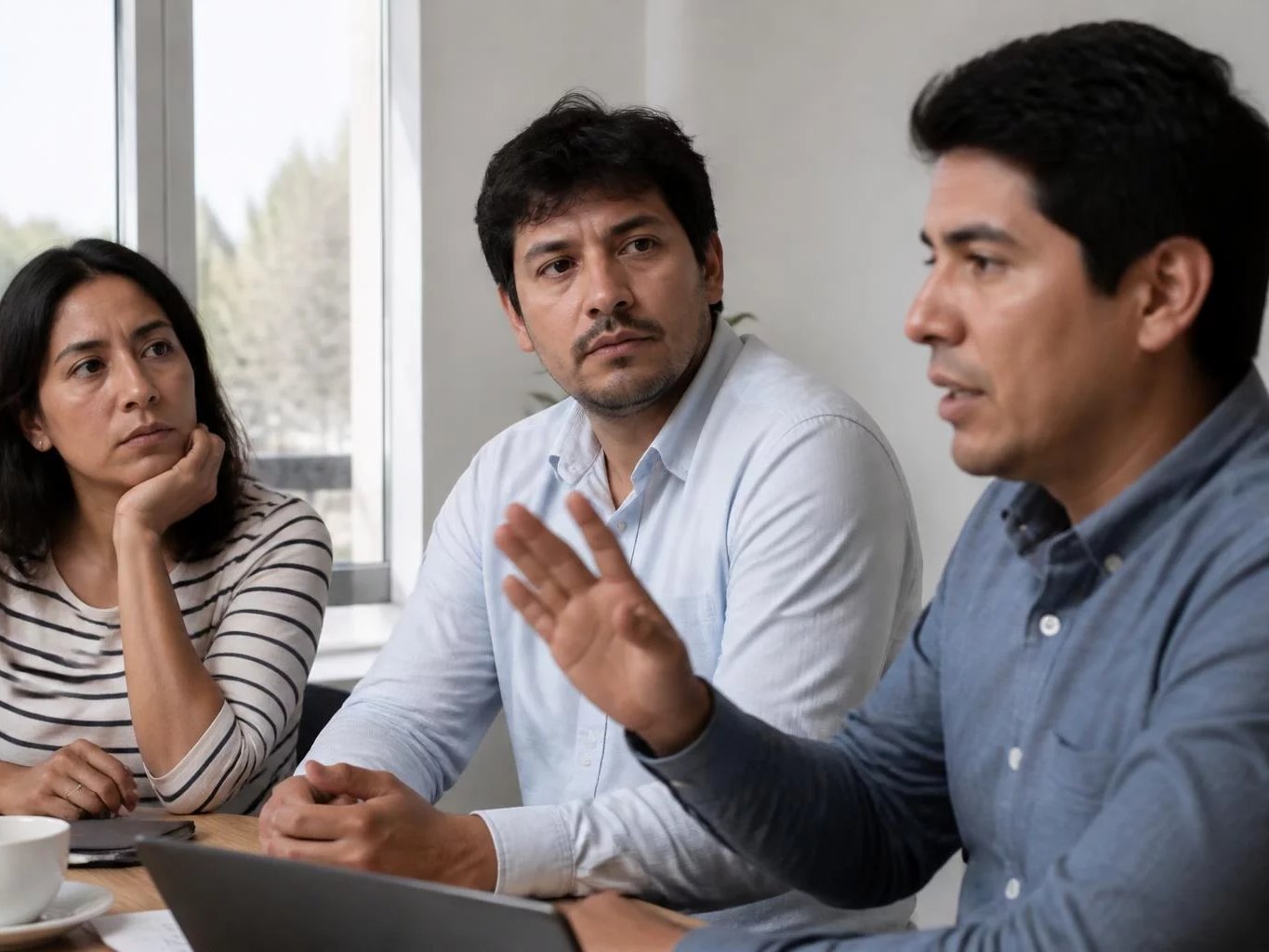 Sala de reuniones iluminada, con tres personas y una de pie explicando